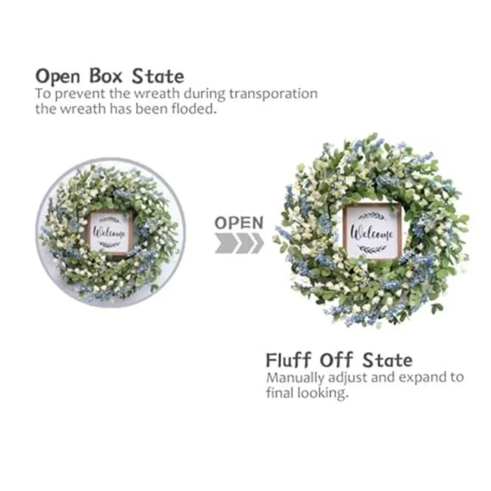 Artificial Leaves and White Flowers Wreath with Welcome Sign, 20 inch